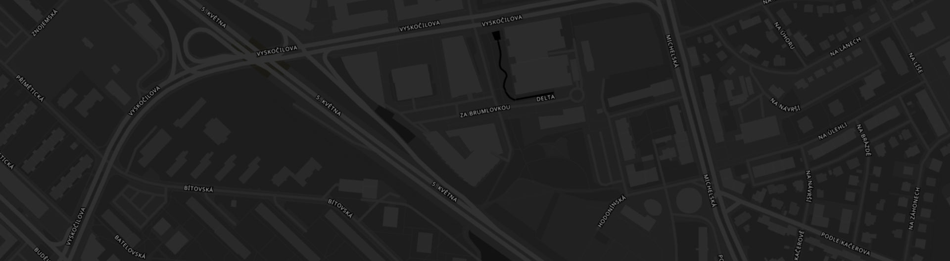 Černobílá mapa, se středem na sídle společnosti INTENS Corporation s.r.o., Za Brumlovkou 266/2, Praha 4