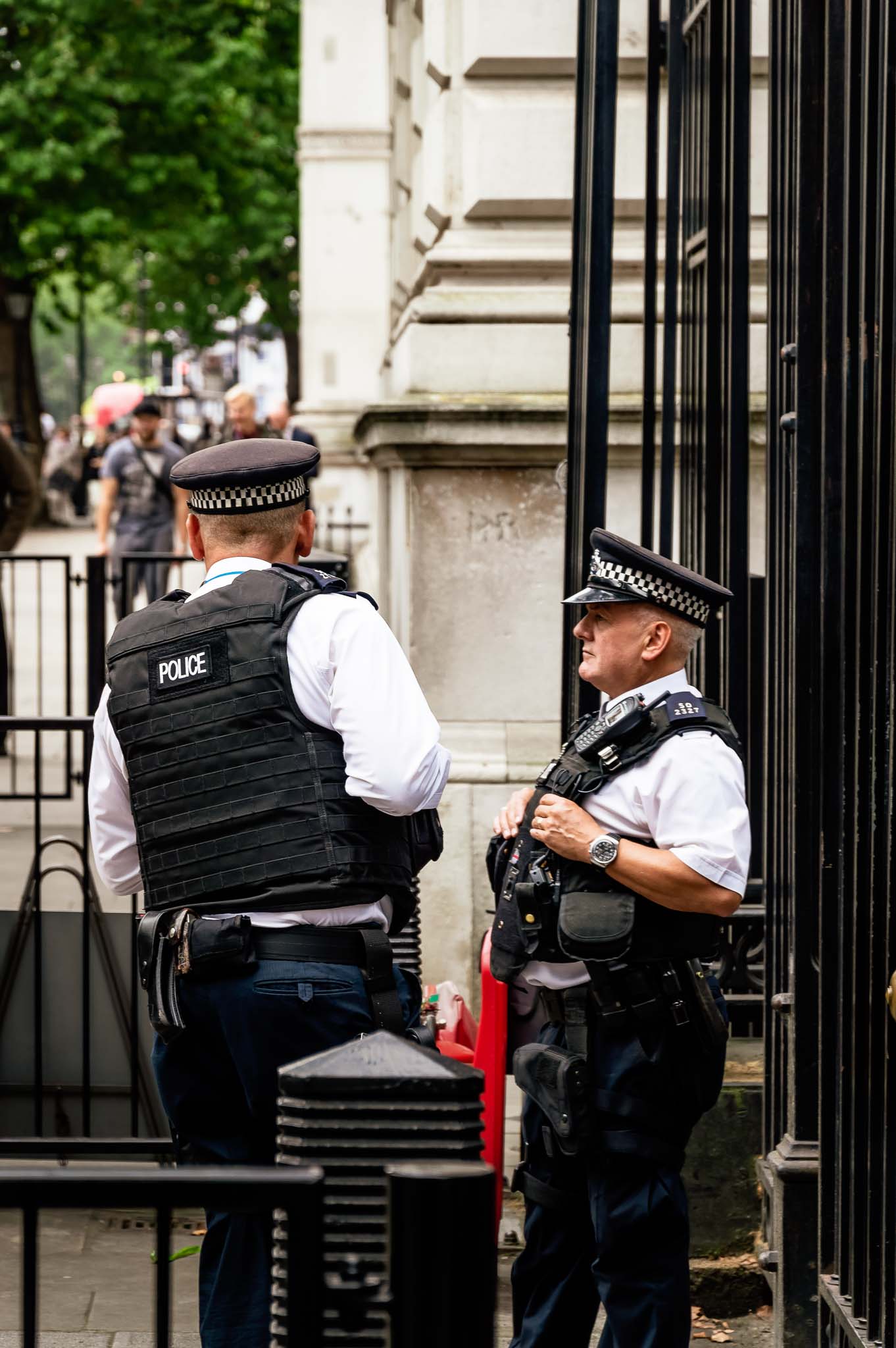 Police officer protects the Downing Street in London